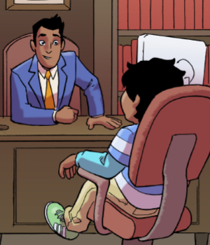 young child speaking to an adult in an office